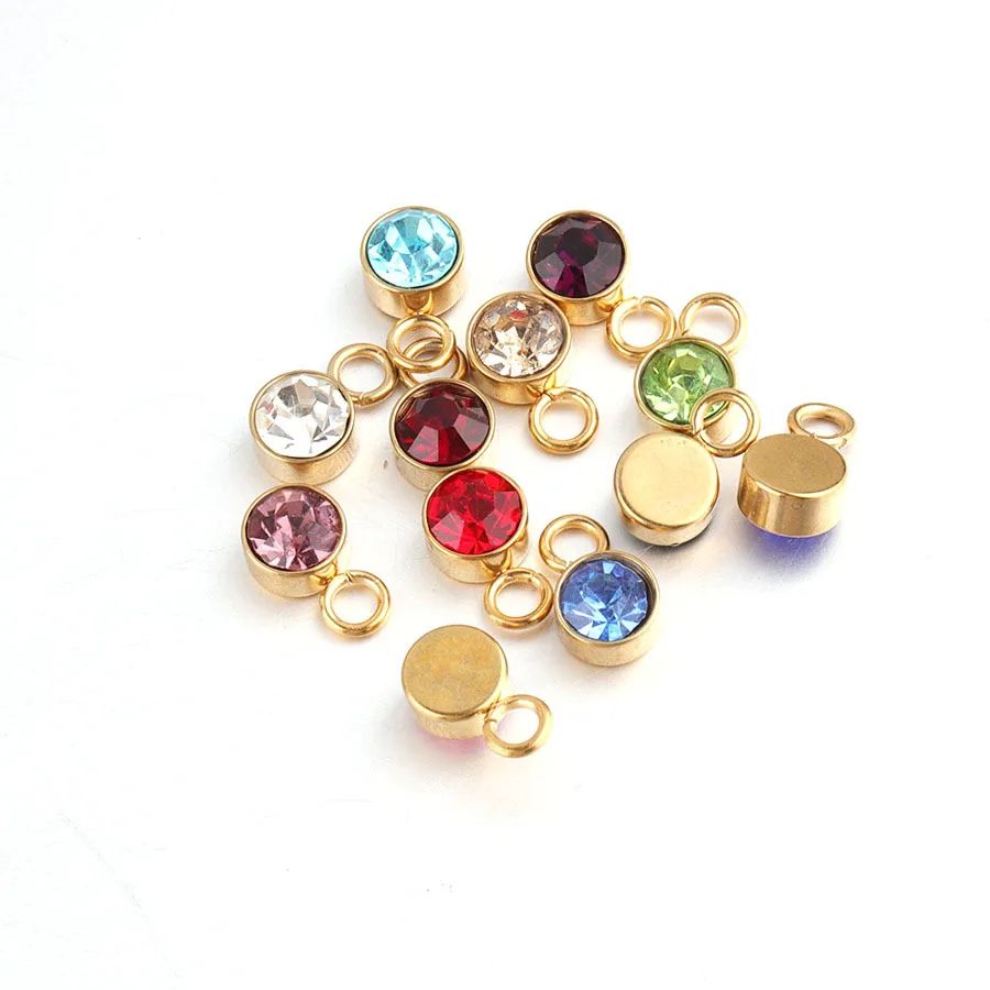 

6mm DIY Gold Plated 12 Months Stone Pendants Crystal Rhinestone Stainless Steel Birthstone Charms For Jewelry Making