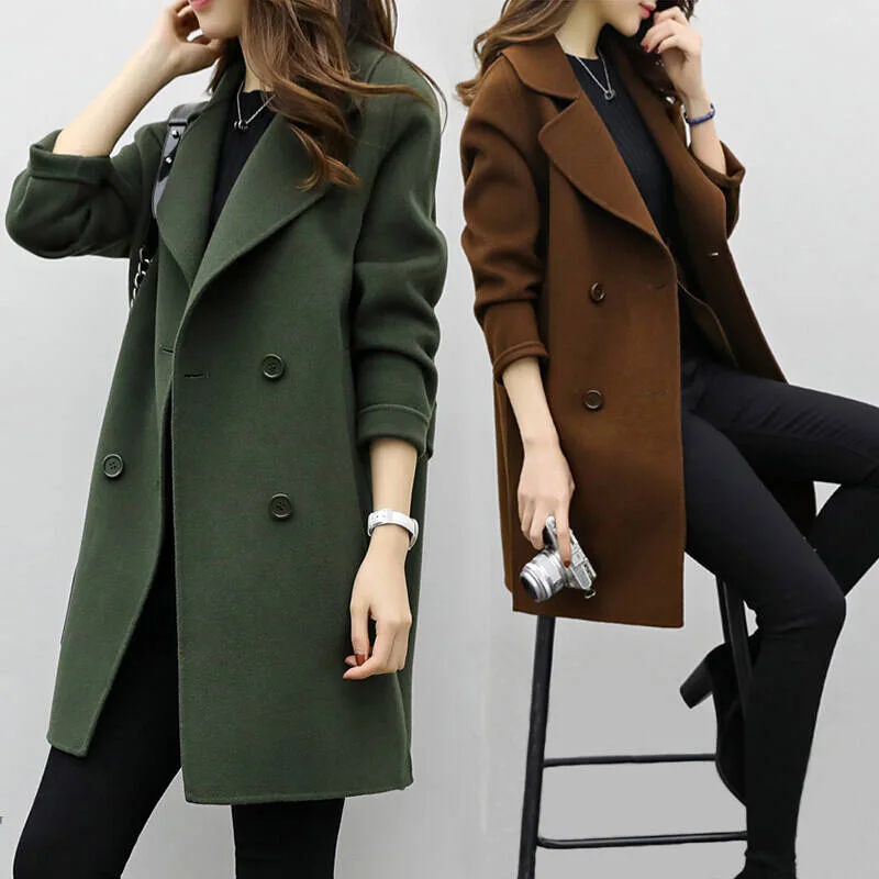 

Wholesale New design autumn winter women girls long sleeve lapel double-breasted button trench coat fashion woolen long coats21