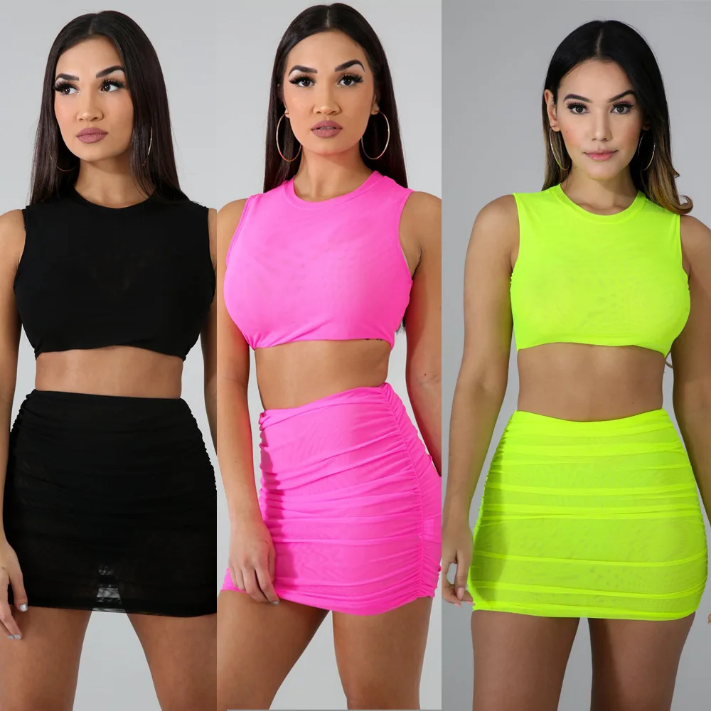 

Sexy waistcoat short skirt round neck womens 2 piece set solid color nightclub clothes