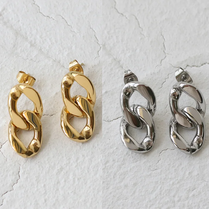

Minimalist Women Jewelry Hypoallergenic Stainless Steel Link Chain Earring 18K Gold Plated Cuban Link Chain Drop Stud Earrings