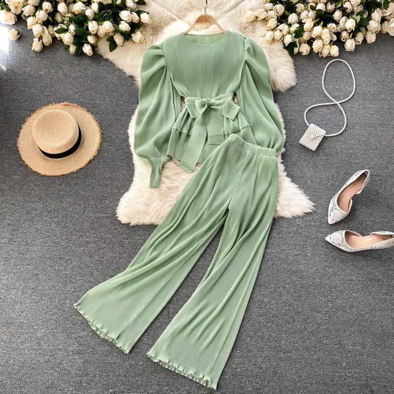 

Boutique Wholesale luxury women's wind-pressed pleated chiffon bubble sleeve top wide-legged trous erelegant suit
