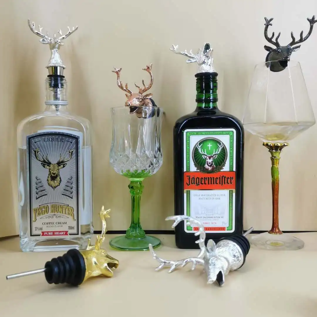 

Home Bar Accessories Unique Gift Ideas Zinc Alloy Animals Juice Olive Oil Liquor Deer Stag Head Bottle Aeratoe Wine Pourer, Silver or customized