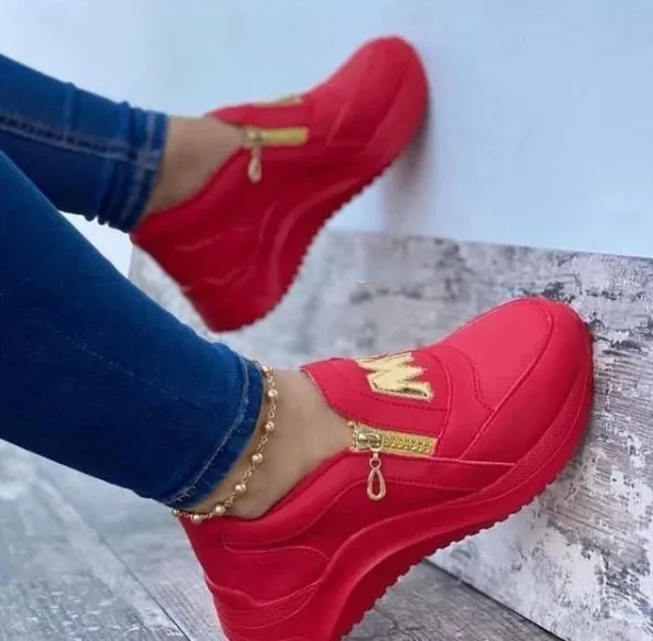 

2021 Summer Canvas Women Platform Wedge Heel Sneakers Shoes Thick Bottom Zipper Women's Vulcanized Shoes Ladies Sneakers, Pink,black,red