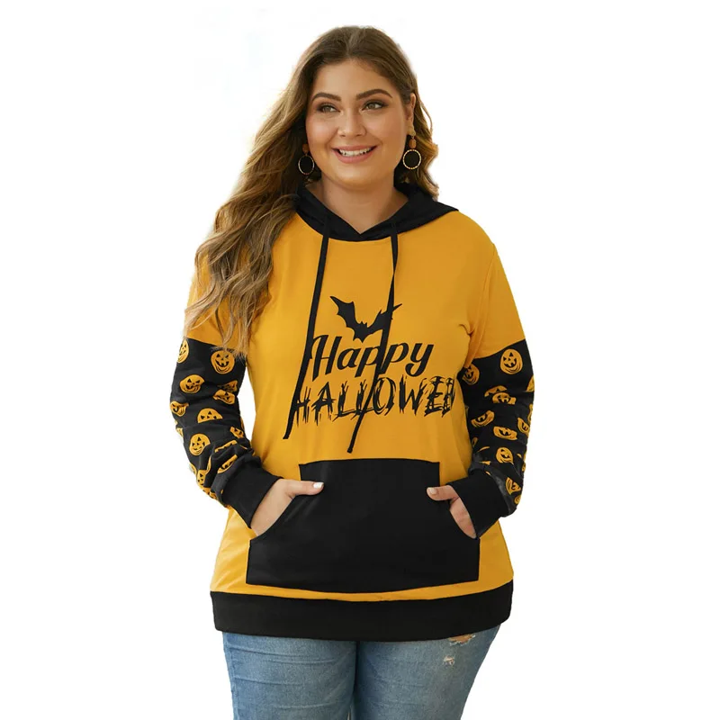

2020 New Arrival Women Pumpkin Long Sleeve Kangaroo Pocket Plus Size Halloween Hoodie
