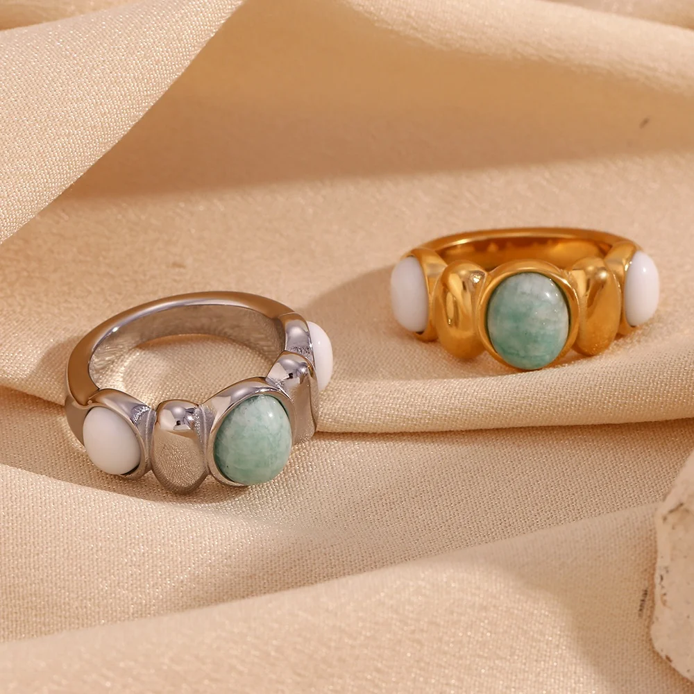 

Oval Amazonite Gemstone Ring Luxury Gold Plated Fashion Jewelry Rings Stainless Steel Jewelry