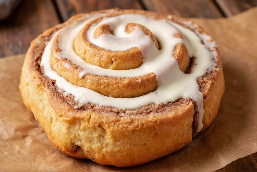 Giant Texas cinnamon roll with visible spiral layers, generous cream cheese frosting, and cinnamon sugar coating on wooden cutting board