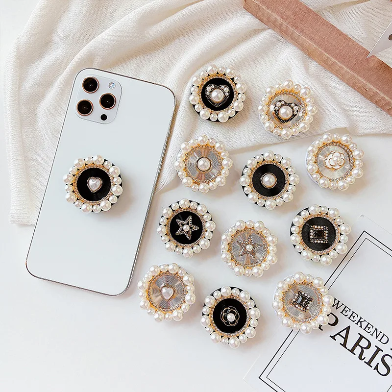 

Luxury Phone Holder Ring With Pearl Adjustable Height Rhinestone Finger Cell phone holder