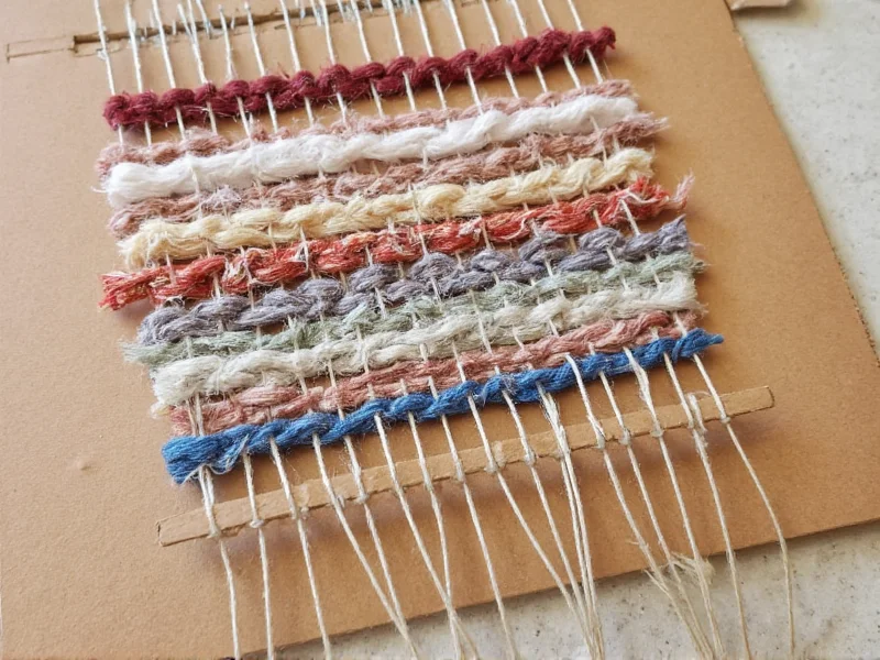 Close-up of hand weaving fabric scraps on cardboard loom