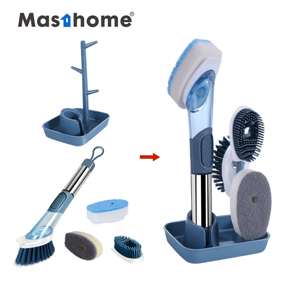 

Masthome New Design Durable Long Handle Soap Dispensing Interchangeable head Kitchen Spray Dish Cleaning Brush with Bracket, Gray