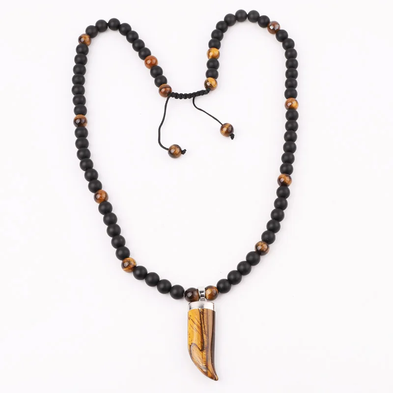 

Classic Design Natural Stone Gemstone 8mm Brown Tiger Eye Black Onyx Beads Adjustable OX Horn Pendant Long Men necklace