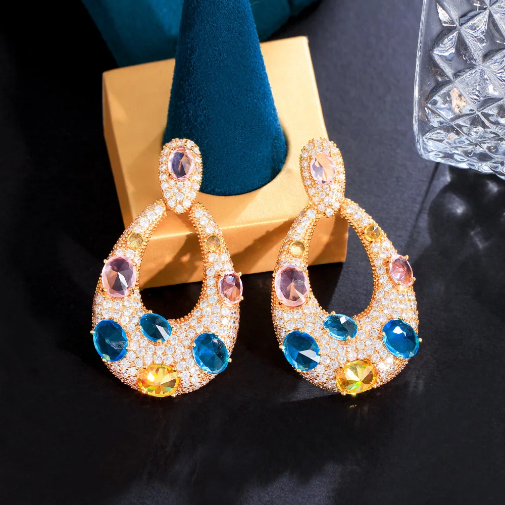 18k Yellow Gold Plated Multi Color Water Drop Large Long Dangle CZ Engagement Earrings for Women Party Wedding Jewelry