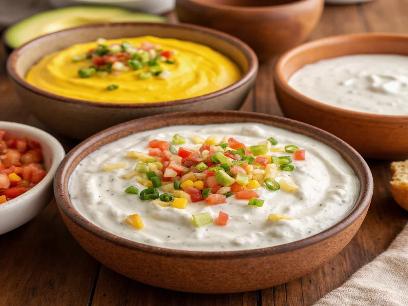 Three ranch dip variations in small bowls with different toppings