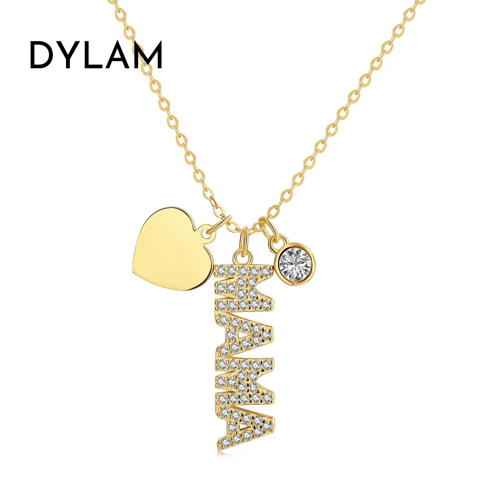 

Dylam Glitter MAMA Diamonds Sign Sterling Silver 925 Necklaces With Heart and minimal diamond Pendants for Mother's Day