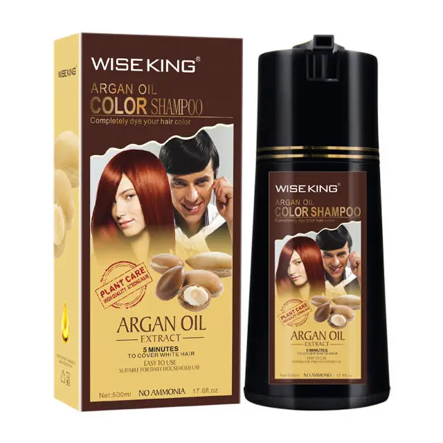 

WISEKING colorful hair dye shampoo with argan oil sppedy finish covering white/grey hair color shampoo in saudi arabia packing, Brown, red, purple,black