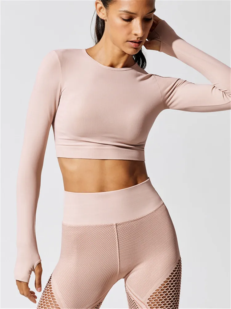 Custom Long Sleeve O-neck Hollow Stitching Tight 2 Piece Set Pink Recycled Yoga Pants