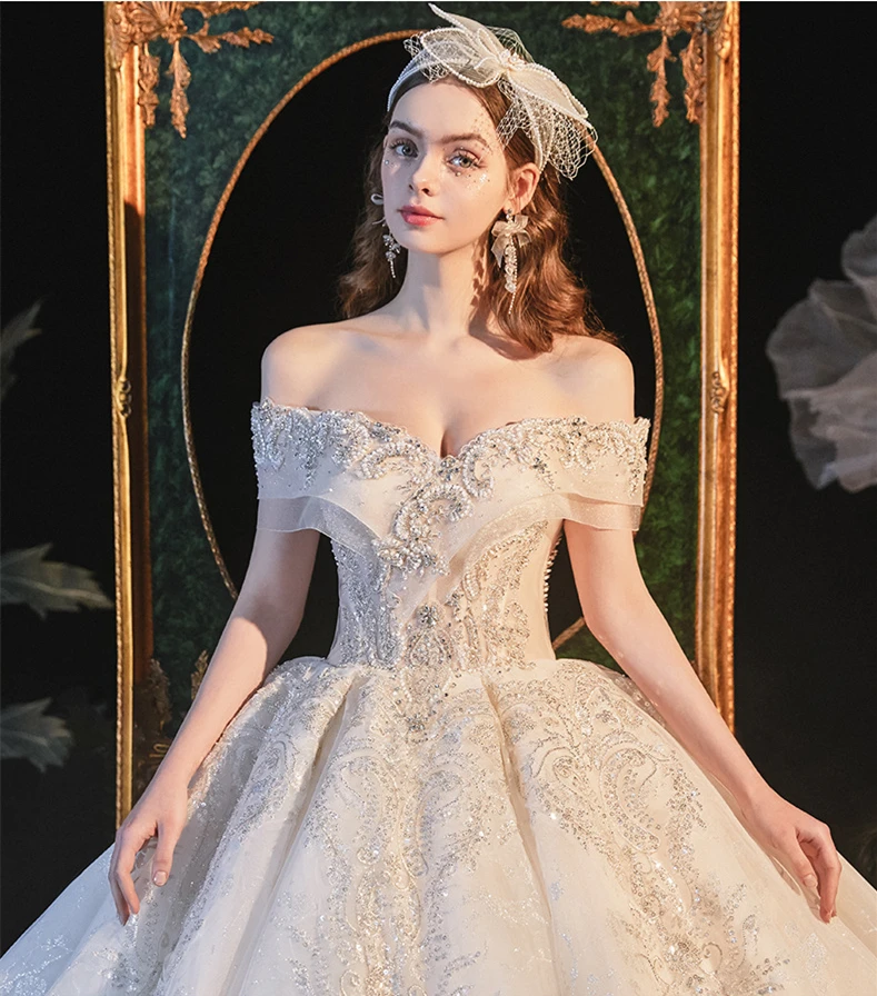 

Amazon eBay hot sale new wedding dress bride trailing elegant champagne one-shoulder sequin princess style wedding dress