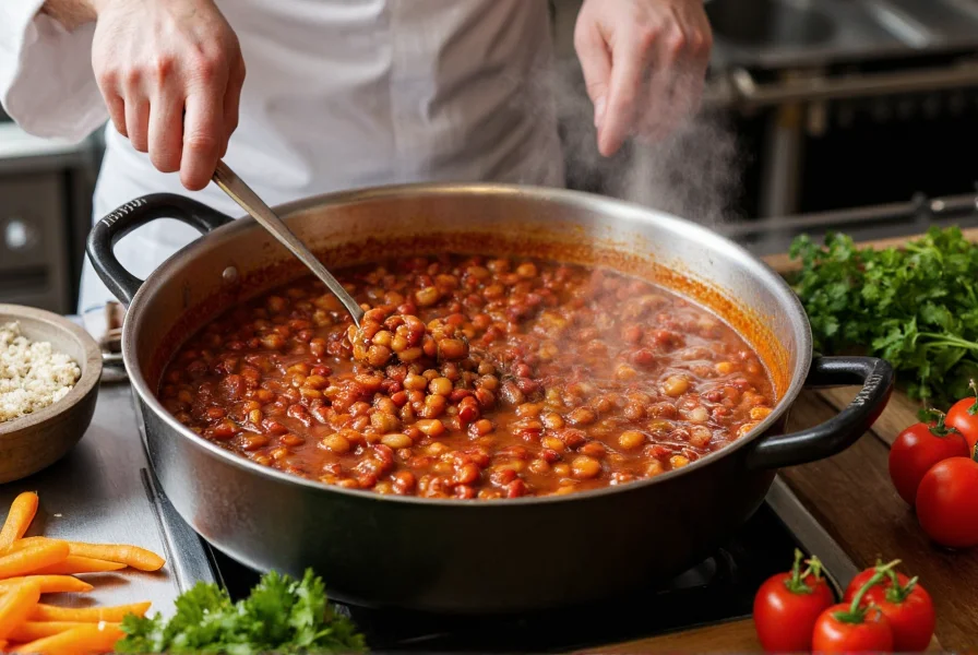 Chef stirring a large pot of chili beans with fresh vegetables and spices