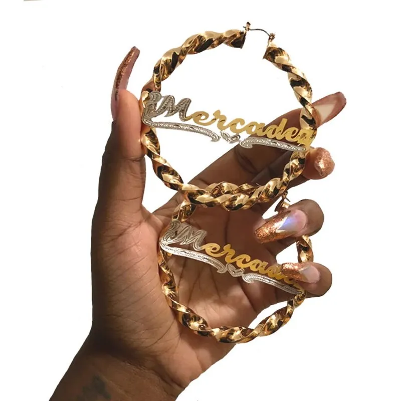 

Personalized Bamboo Hoop Earrings Custom Name Earrings Bamboo Style Customize Hoop Earrings With Statement Words, Picture