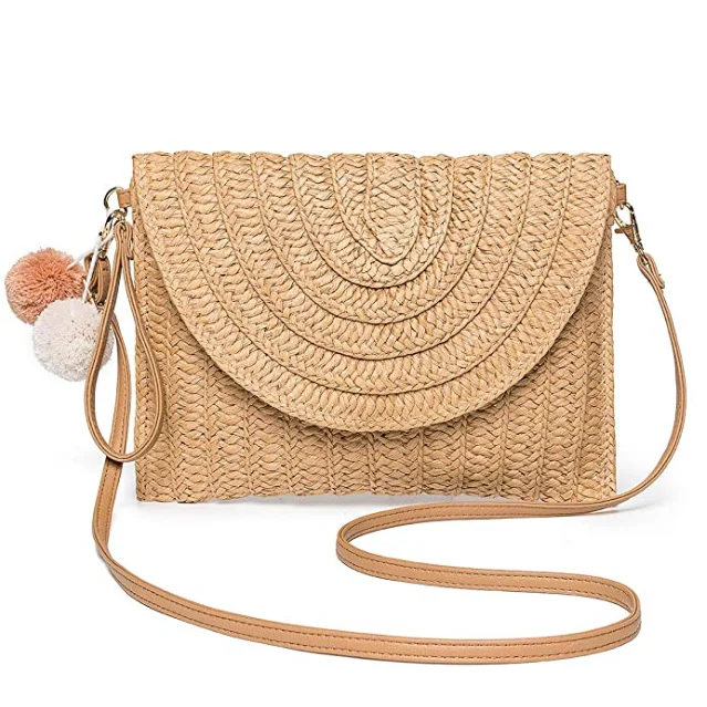 

Factory Fashion Pom pom Straw Shoulder Bag Straw Clutch Women Handmade Straw Crossbody Bag Summer Beach Envelope Purse Wallet, Brown,black,red