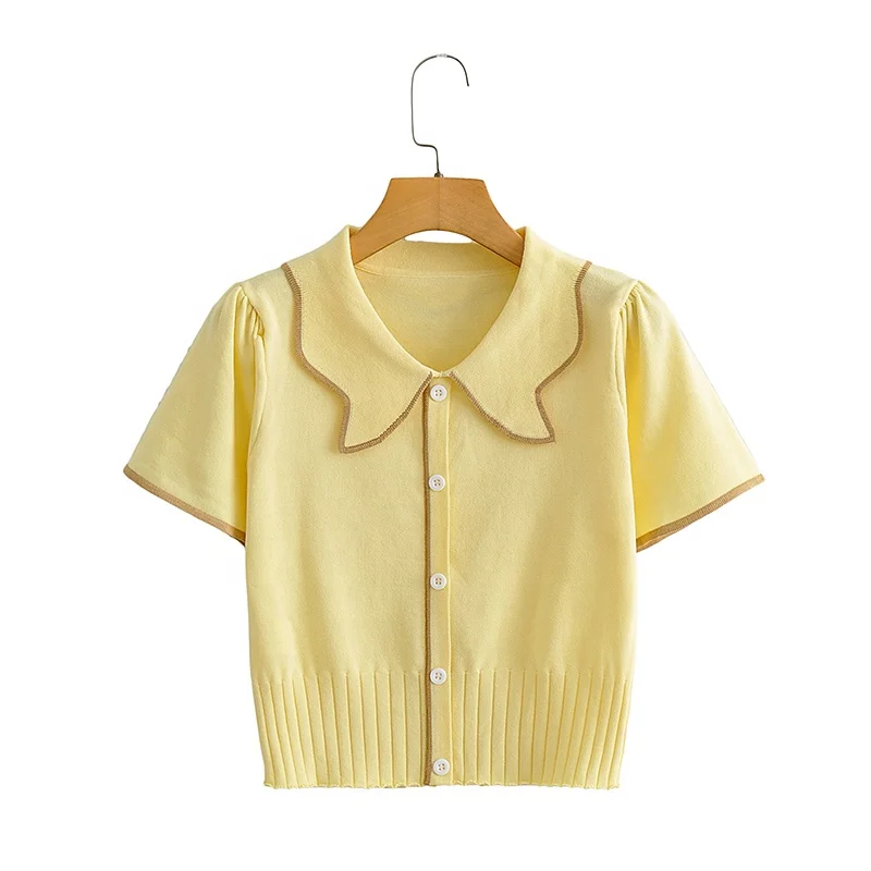 

Women's new fashion summer retro V-neck contrast color line design knitted cardigan buttons loose Short sweater tops