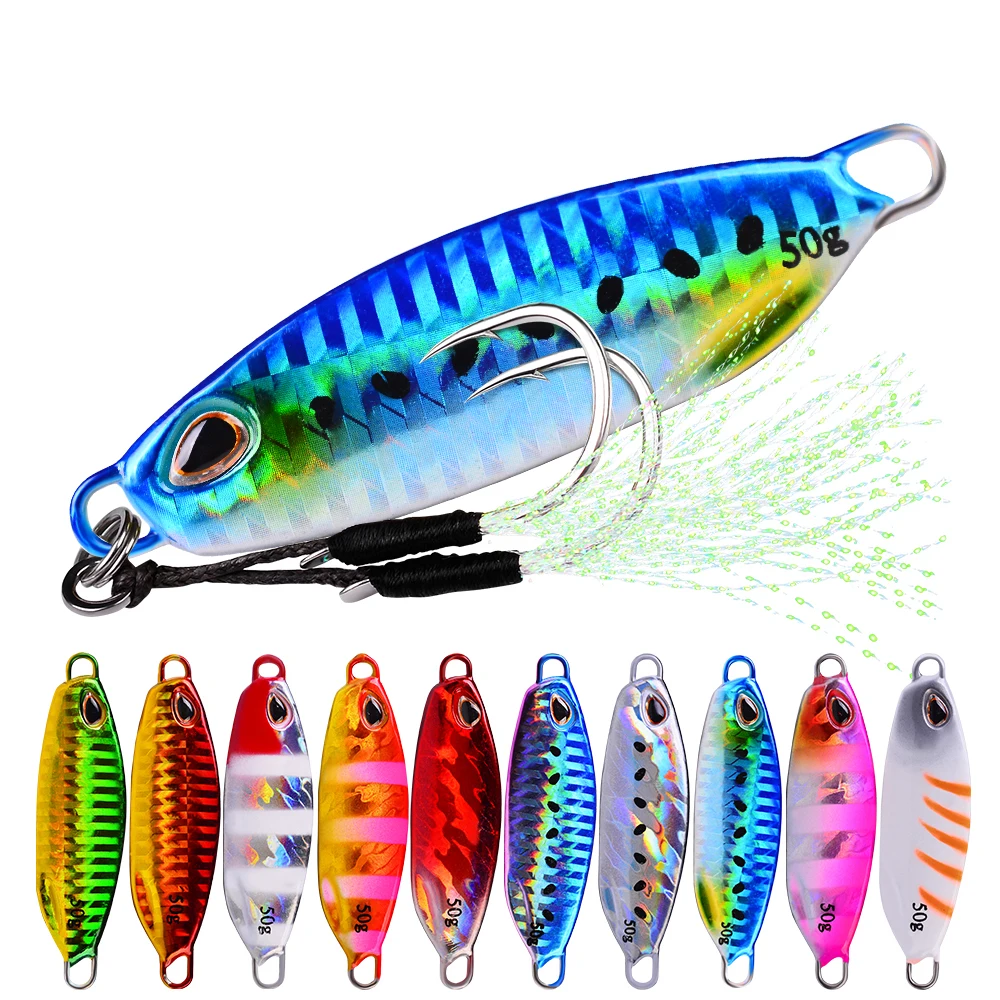 

Slow Jigging Fishing Lure 3D Isca Artificial Metal Lead Fake Baitcast With Feather Hooks Leurre Peche Fishing Gear Fishing Bait, 10 color as showed