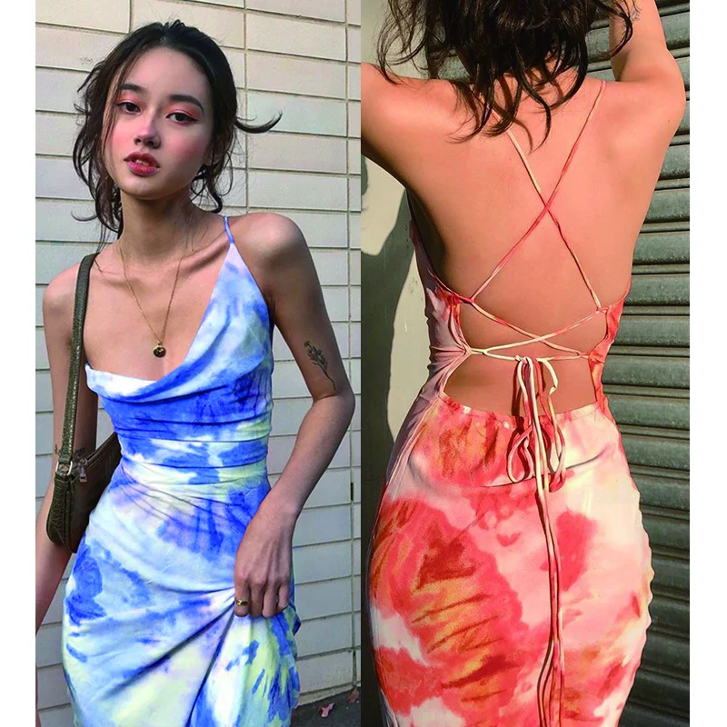 

summer lady tie dyed dresses party fashion strap woman luxury famous branded designer dresses for women