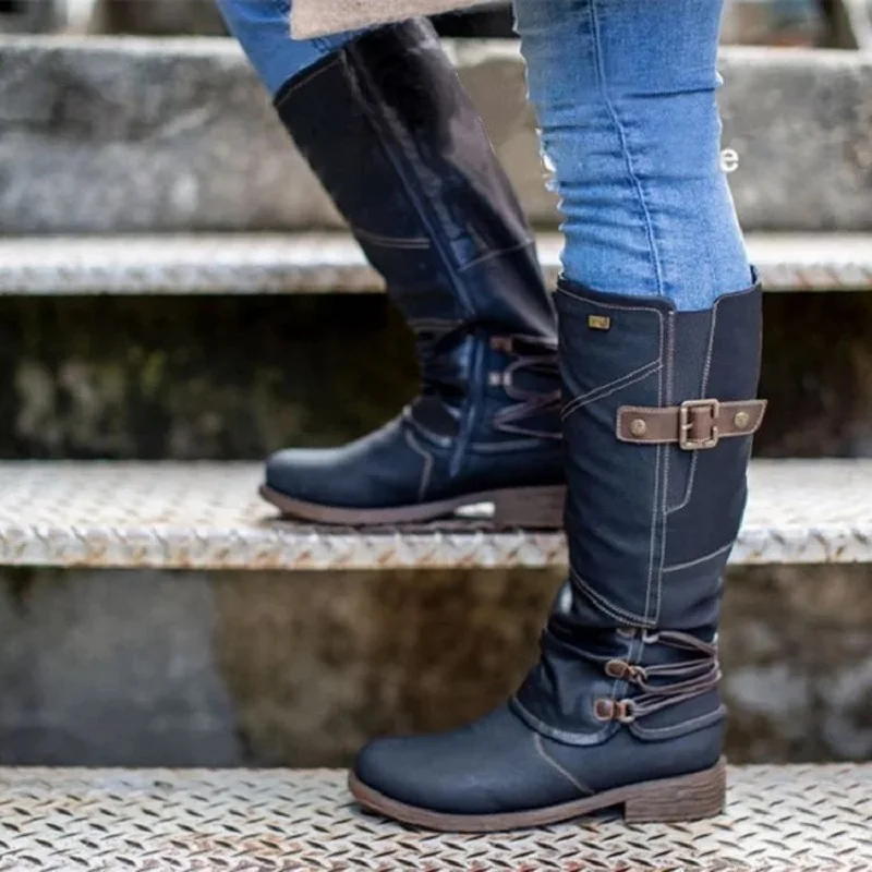

Women's Buckle Zipper Mid-Calf Boots Closed Toe Low Heel Boots, Picture color