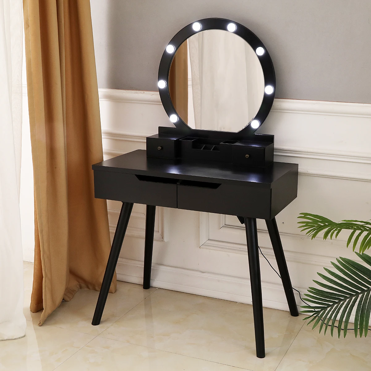 

Free Shipping Black Dressing Table with Single Round Mirror and 4 Mirror Bulb