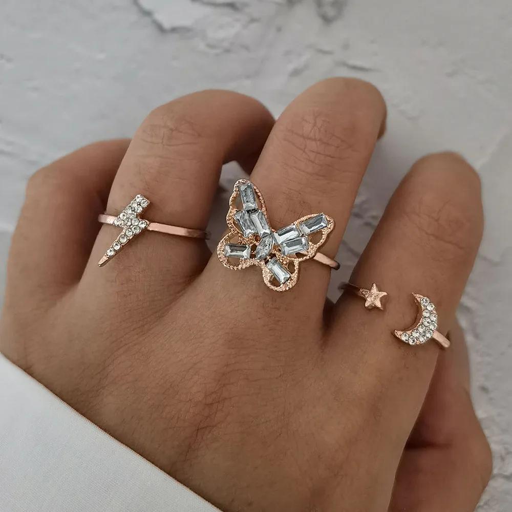 

3 Pcs/Set Ins European American Simple Full Diamond Lightning Hollow Butterfly Opening Five Pointed Star Moon Ring Set, Gold