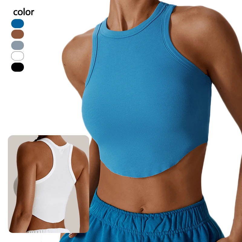 

Manufacturer Printed Racer Back Gym Fitness Workout Women's Neck Sleeveless Curved Hem Crop Top Ribbed Tank Top Yoga Tank Top