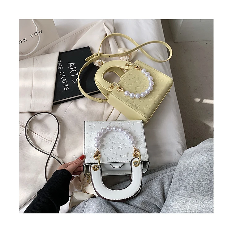 

Cartoon Printing Women Clutch Solid Color PU Leather Crossbody Bag Designer Ribbon Pendant Handbags and Purses Pearl Handle Tote