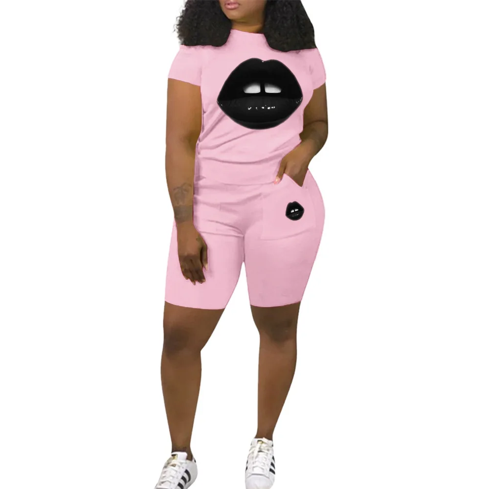

Women Fashion Round neck lip print short sleeve suit