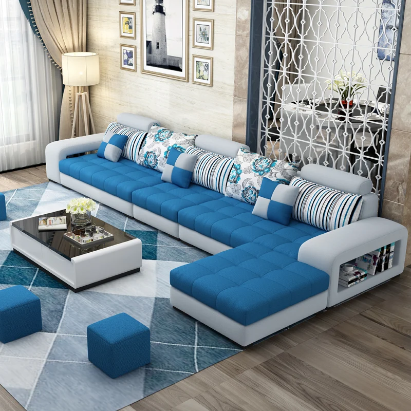 
cheap home Furniture 7 Seater modern European wooden fabric U shaped Chaise Lounge sectional couch living room sofa set 