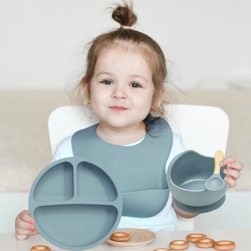 

Food Grade Feed Set Include Bib Plate Silicone Baby Bowl And Wooden Handle Spoon Kid Baby Dinner Set Silicon For Baby Eating Set, As the picture