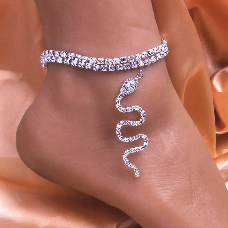

Go Party 2021 women fashion party layered anklets bling rhinestone snake anklet, Gold silver