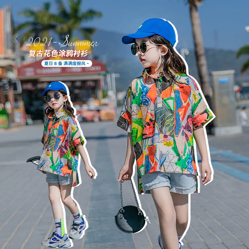 

2021 New Summer Kid Girl Short Sleeve Graffiti Blouse Fashion Teenager Girl Bright Color Dress Shirt 4-15 Years, As photos