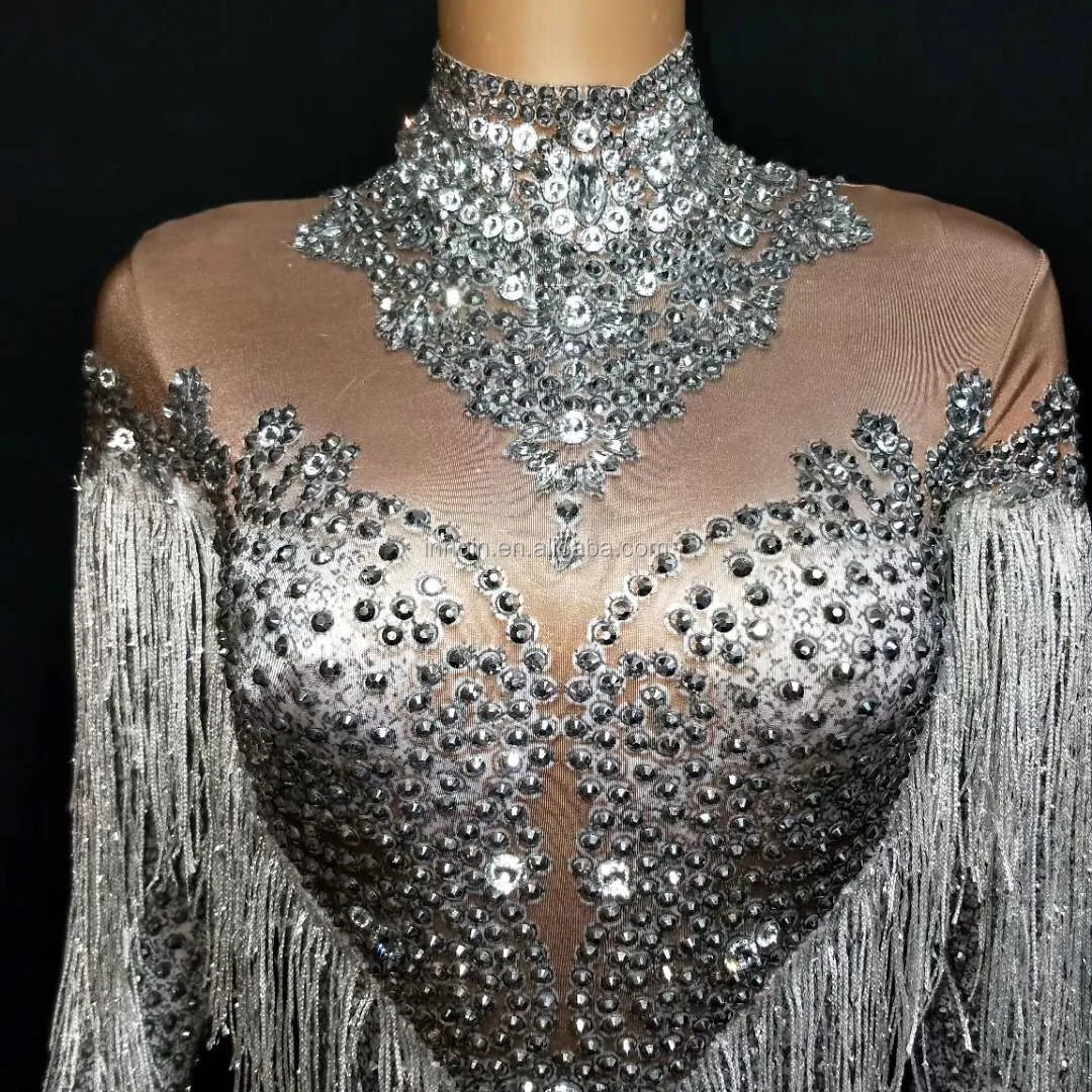 

Sparkly Rhinestone Tassel Jumpsuit Women Skinny Rompers Dance Costume Birthday Celebrate Party Outfit Female Singer Stage Wear