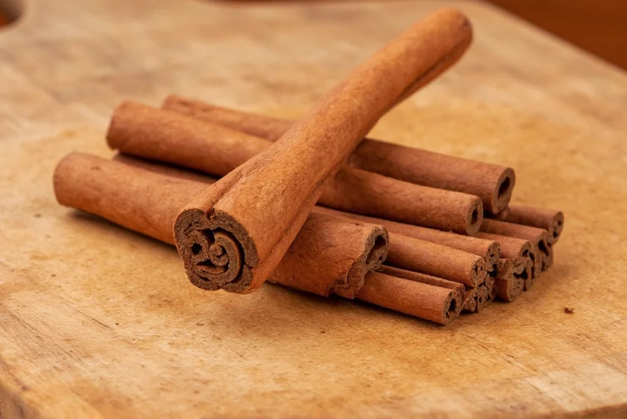 Close-up photograph showing the delicate, multi-layered structure of Ceylon cinnamon sticks compared to the single thick layer of Cassia cinnamon sticks on a wooden cutting board