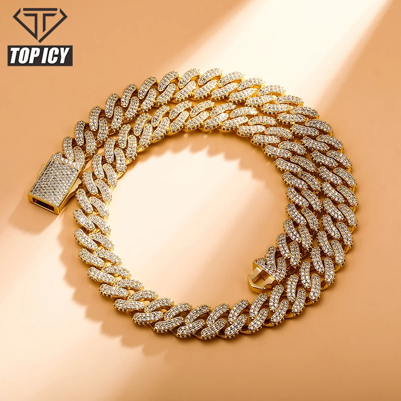 

13mm Iced Out Cuban Link Gold Plated Chain Bracelets Women Men Custom Necklace Rapper Easy Open Spring Clasp Chain Jewelry, Gold /white gold