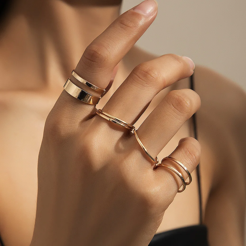 

Gold Color Round Hollow Geometric Rings Set For Women Fashion Cross Twist Open Band Ring Joint Ring Female Jewelry