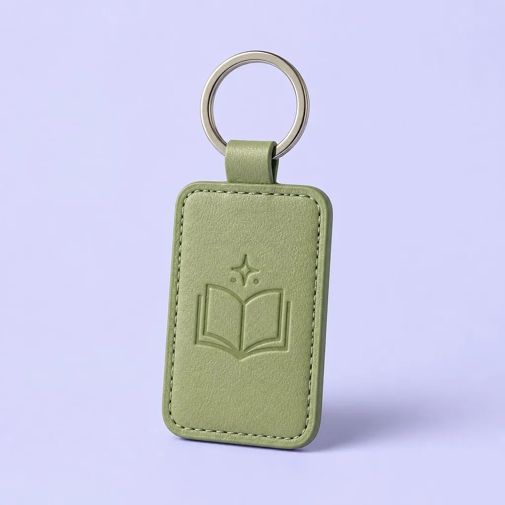 Custom olive green leather keychain with an open book and star emblem, view 3