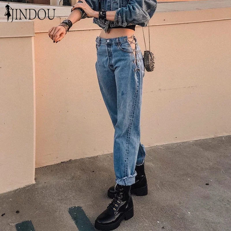 

Hot Sale Fashion Long Straight Trousers Chain Design High Waist Women Denim Jeans