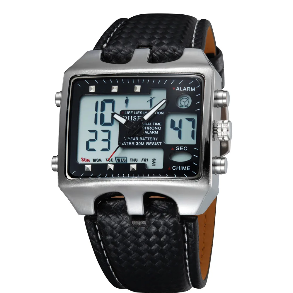 

2019 OHSEN Fashion Multi-function Watch Dual Display Electronic Clock LED Display Wristwatch Outdoor Waterproof Leather Watch