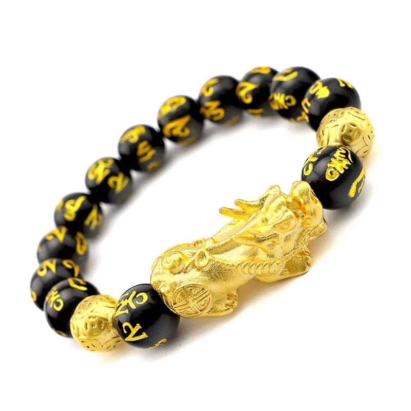 

Black Obsidian Wealth Bracelet Feng Shui Pixiu Real Gold Plated Black Buddha Beads Bracelet For Women Men, Picture