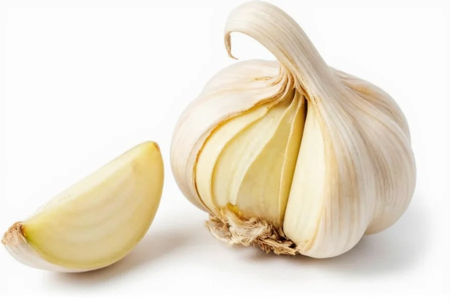 Garlic clove measurement comparison showing whole clove next to minced equivalent