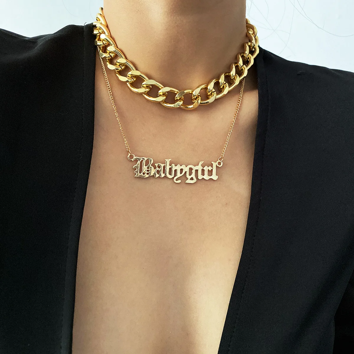 

Double Layered Gold Plated Chunky Choker Necklace Old Font English Letter Babygirl Necklace For Women Girls, As picture show