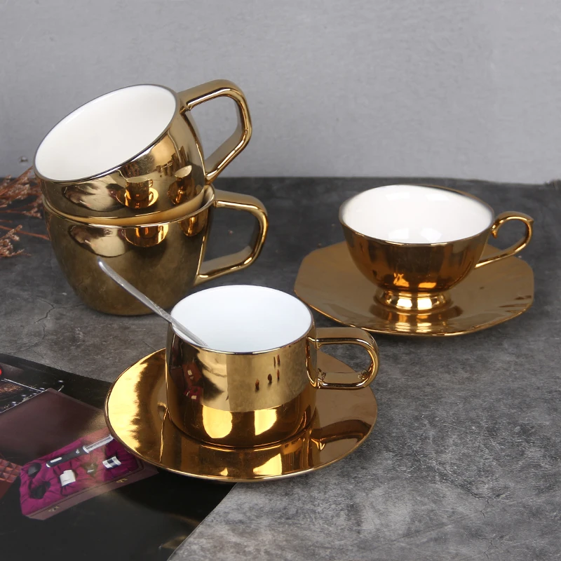 

European style retro Ceramic Gold Coffee Cup mugs with gold handle porcelain cup with saucer luxury style tea table sets
