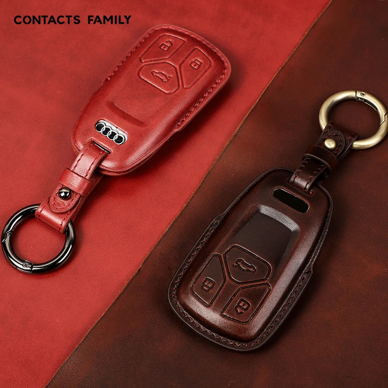 

Custom Genuine Leather Car Key Fob Cover Metal Keychain Car Key Protector Case for Audi Q7 A4L Q5L A5 S4 TT TTS TTS