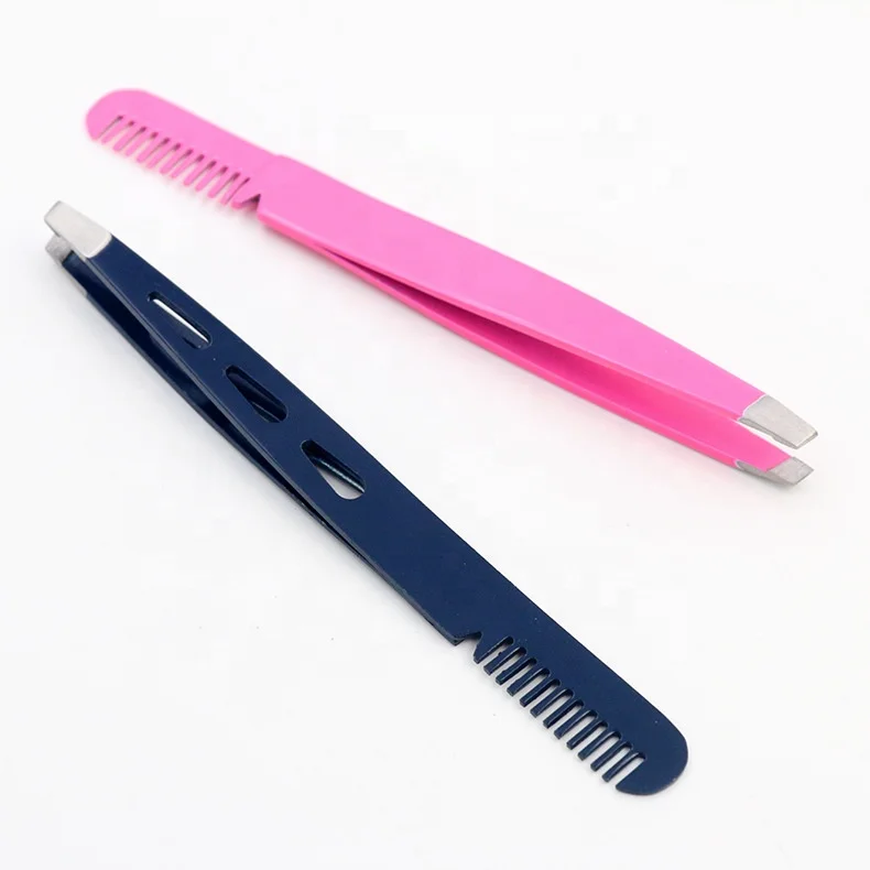 

Profession Comfort Metal Stainless Steel Precision Makeup Slant Tip Eyebrow Tweezers With Comb For Hair Removal Trimming