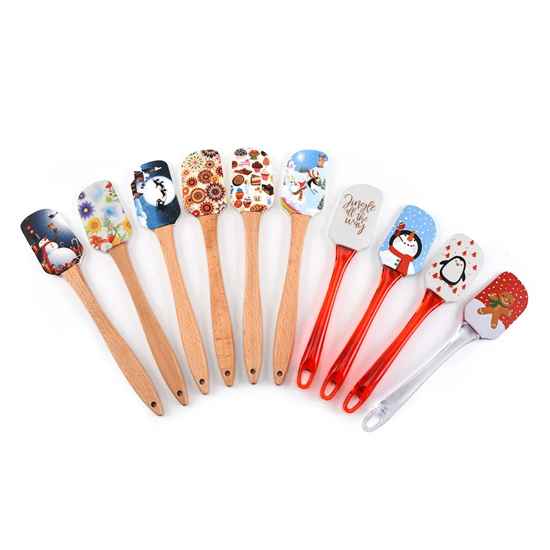 

Wholesale New Pattern Printing Heat Resistant Non Stick Silicone Spatula Wooden Handle For Cake Baking Spatula